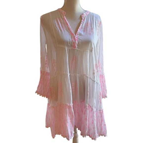 Juliet Dunn Dresses & Skirts - Juliet Dunn Tiered White Floral Bell Sleeve cotton Voile Mini Dress 1